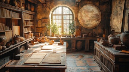 Ancient library interior with artifacts, map, books, and sunlight