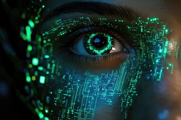 A close-up of a human eye with glowing green circuit patterns overlayed, suggesting technological integration or augmentation.