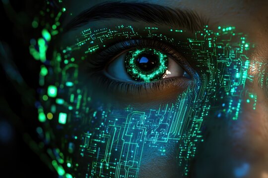 A close-up of a human eye with glowing green circuit patterns overlayed, suggesting technological integration or augmentation.