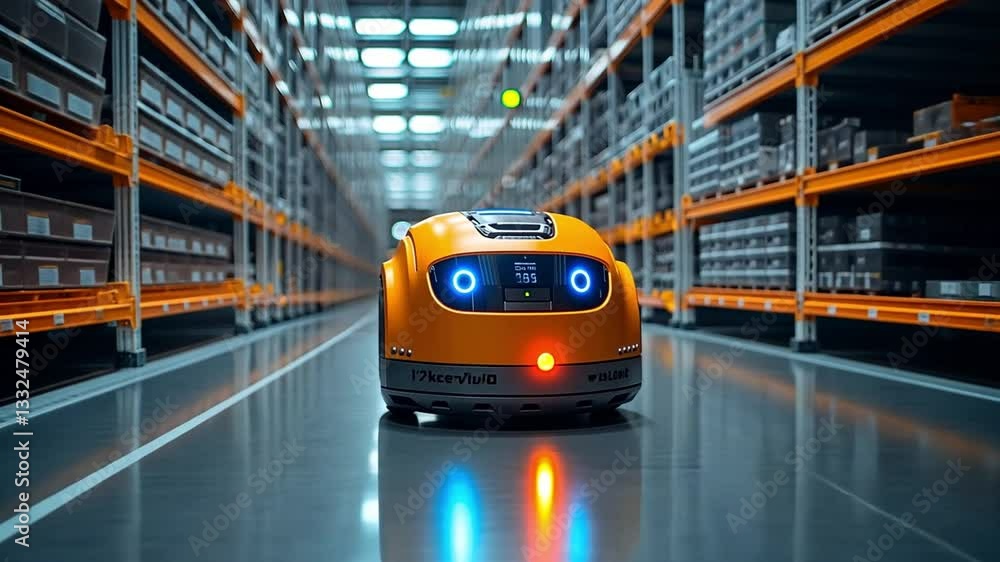 Poster automated orange robot organizing inventory in a spacious warehouse during daylight hours