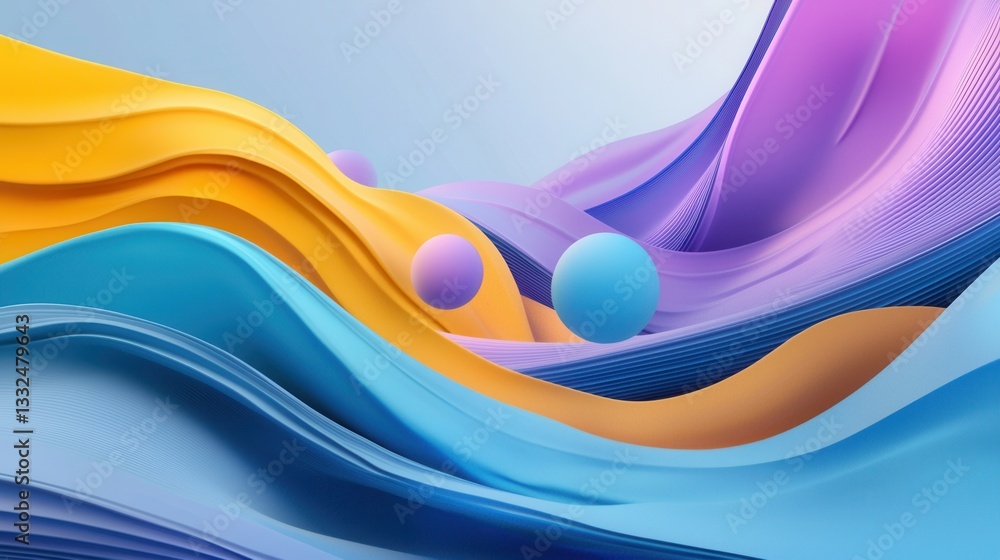 Poster an abstract digital depicting vibrant fluid forms and spherical elements moving fluidly and organica