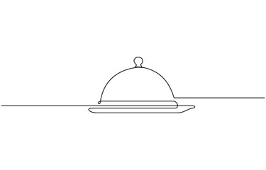 One line continuous waiter with tray closed lid restaurant concept, Continuous Line Drawing of Serving Icon. Hand Drawn Symbol Vector Illustration, Catering dish serving icon on the white background.