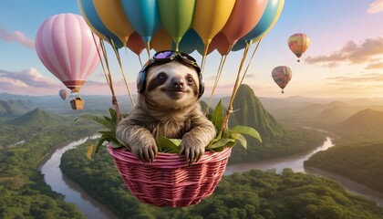 Obraz premium Adorable Sloth Soaring Above Lush Landscapes in a Hot Air Balloon