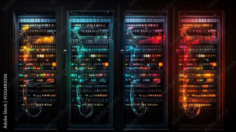 Poster high tech server racks with colorful lights and connected cables