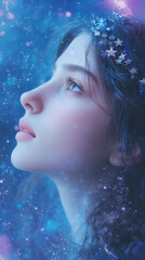 Enchanting Portrait of Woman in Dreamy Cosmic Galaxy with Glowing Stars