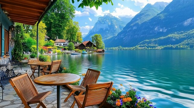 Beautiful waterside cafe view with mountains and serene lake setting