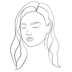 Woman head line drawing on white isolated background. Beautiful girl face with full lips, closed eyes and styled hair