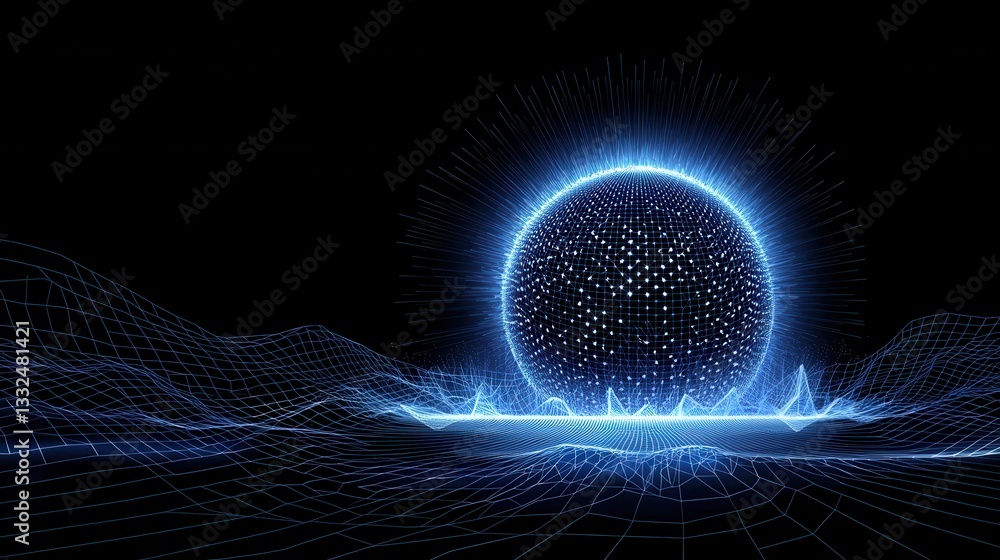 Poster futuristic digital depicting a glowing blue sphere surrounded by a dynamic network of luminous lines