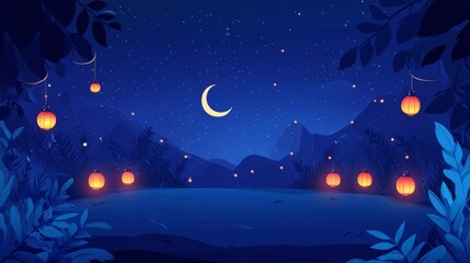 Naklejka premium Enchanting ramadan night scene middle eastern oasis gigapixel imagery mystical environment aerial viewpoint lanterns glowing