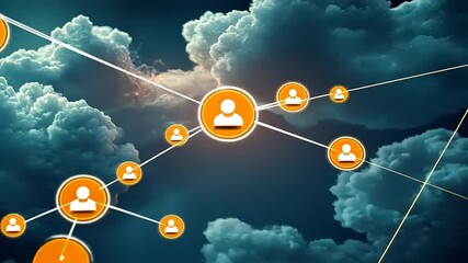Abstract representation of digital networking with user icons connected by lines against a cloudy sky - Powered by Adobe
