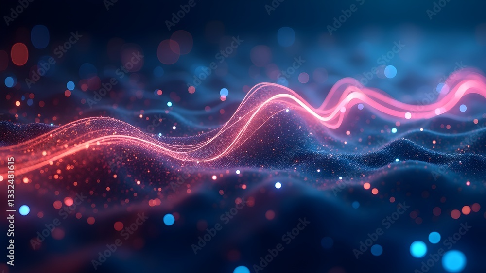 Poster abstract red and blue glowing data wave, futuristic tech and digital art background