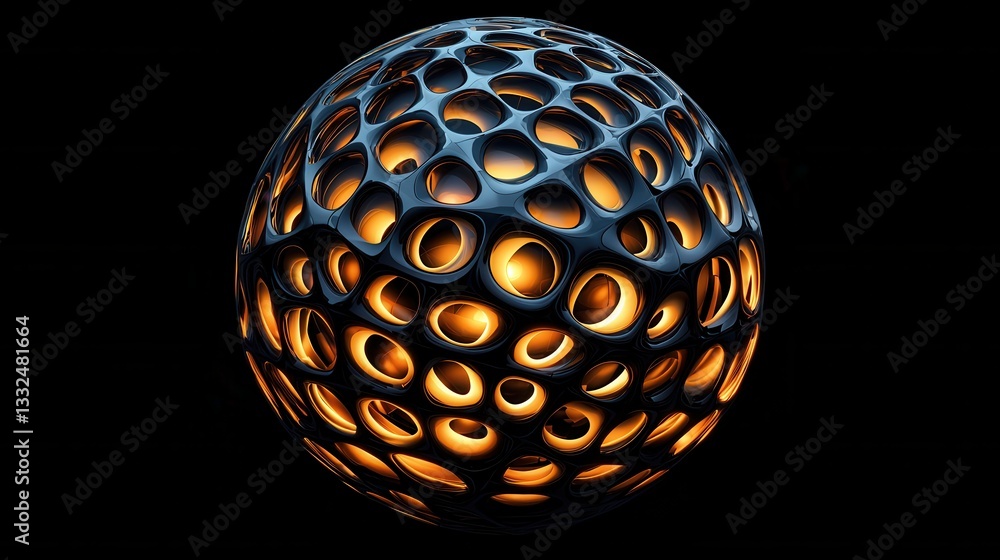 Poster striking abstract composition of a glowing three dimensional sphere featuring a complex interlocking