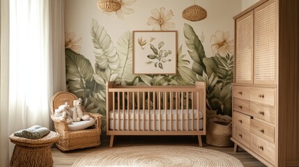 Designing a nature-inspired baby room home gigapixel image botanical wall art cozy atmosphere serene concept