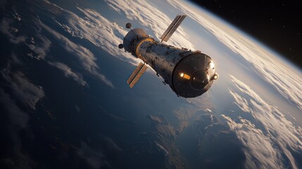 Spacecraft Orbiting Earth at Dawn