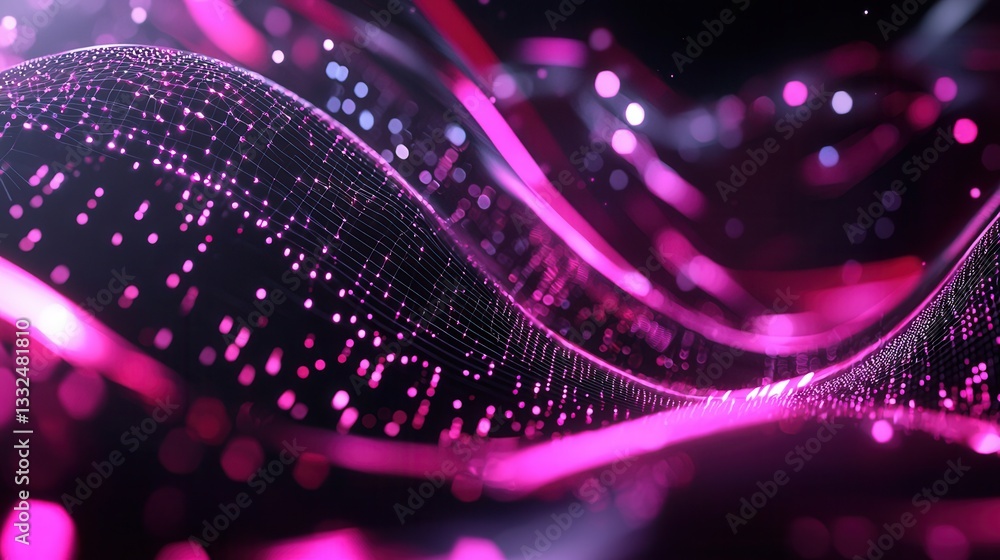 Poster an abstract futuristic visualization of a dynamic curving data wave with vibrant neon colors and neu