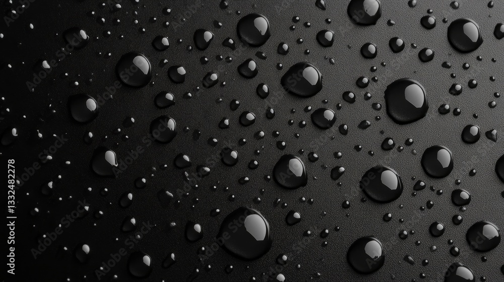 Aufkleber Tiny droplets of water rest on a sleek black surface, reflecting light and creating a captivating visual effect. This serene composition evokes a sense of calm and purity