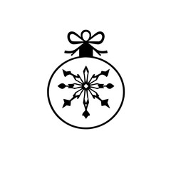 Vector illustration of a minimalist Christmas ornament, a black silhouette snowflake design with a ribbon bow, isolated on white.