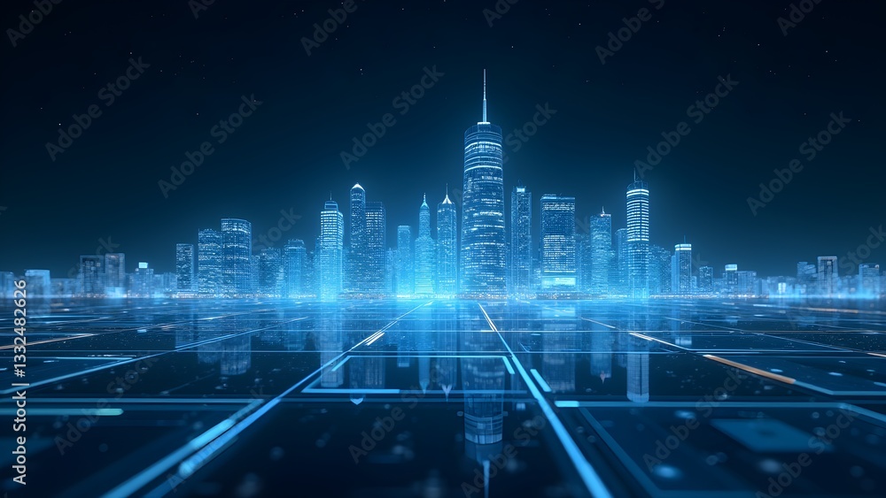 Poster futuristic cityscape with digital network and ai technology, advanced urban innovation and high-tech