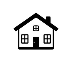 Simple, minimalist black and white vector illustration of a classic house silhouette with a gable roof, windows, door, and chimney set against a white background.