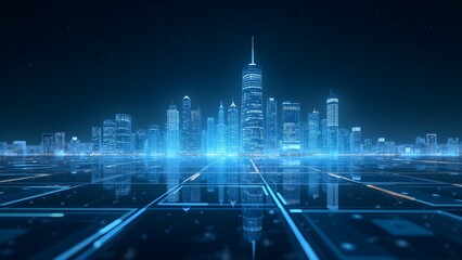 Futuristic Cityscape with Digital Network and AI Technology, Advanced Urban Innovation and High-Tech Architecture