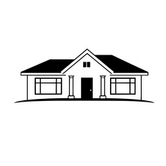 Minimalist Black and White Vector Illustration of a Modern Bungalow House with Gable Roof, Pillars, and Large Windows.