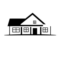 Monochrome architectural illustration of a minimalist house with a gable roof, multiple windows, and a flat base against a white background.