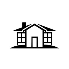 Simplified Black and White House Icon: Minimalist Silhouette Depicting a Dwelling with Windows, a Door, and a Chimney, Set on a Hill.