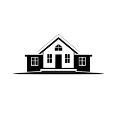 Monochromatic Vector Illustration of a Simple House with Gable Roof, Windows, and Minimalist Design on White Background.