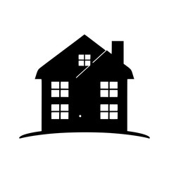 Black silhouette of a house with stylized windows and a chimney, on a subtle, curved base, set against a pure white backdrop.