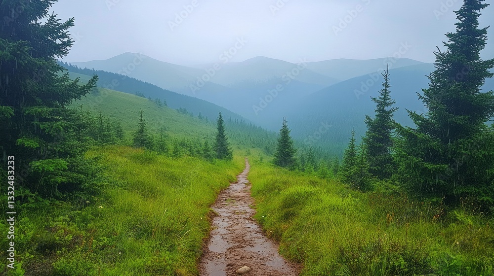Poster gentle rain falls over the vibrant green forest of the carpathians, creating a serene path through t
