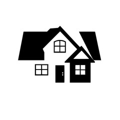 Simplified Black and White Architectural Icon Depicting a Residential House with Contrasting Roof and Windows.