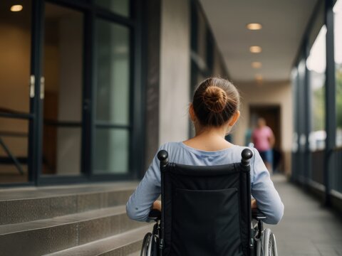 A woman, a mom in a wheelchair in a large modern building. People with disabilities. Disability stairs lift facility indoor building Wheelchair elevator. - Powered by Adobe
