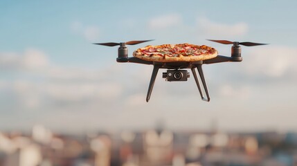 A drone delivers a pizza over a cityscape, showcasing a blend of technology and food delivery innovation against a clear blue sky.
