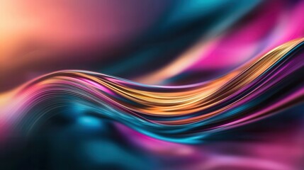 Striking abstract composition featuring dynamic glowing neon wave lines in a captivating blend of gold pink and blue hues creating a visually striking and energetic digital artwork