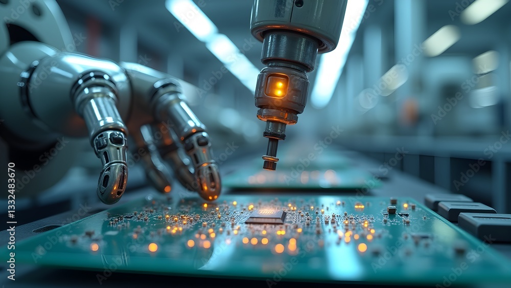 Poster robotic arms precisely assemble circuit boards in a manufacturing factory. high-tech automation