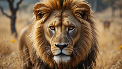 Obraz premium Majestic Lion Staring Intently in Golden Savannah Landscape