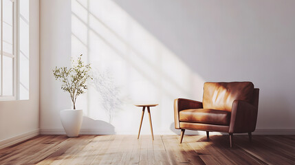 Serene Minimalist Living Room with Leather Armchair and Sunlight