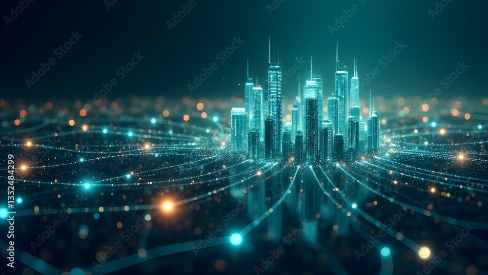 Poster futuristic digital cityscape with high-tech network and advanced communication infrastructure