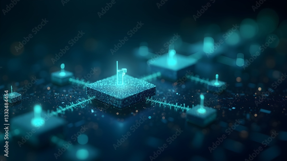 Poster detailed close-up of glowing interconnected microchips on a circuit board for modern technology and 