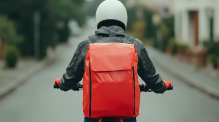 Fototapeta premium A person rides a bicycle on a street, wearing a helmet and a red backpack, ready for delivery or an outdoor adventure.