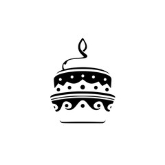A symmetrical, monochrome illustration of a two-tiered cake with decorative patterns, a candle-like swirl on top, isolated on white.