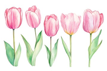 Tulips flowers set. Hand-painted pink tulips in watercolor style, elegant floral design with pink petals and green stems