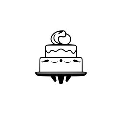 Two-Tiered Cake Illustration in Black and White, Decorated with Swirls and Minimalist Details, Served on a Tray
