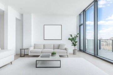 modern minimalist living room with neutral furniture sleek coffee table and large allowing natural light serene ambiance