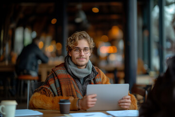 A man wearing glasses and a scarf is sitting at a table with a laptop