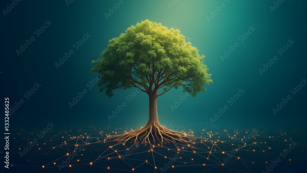 Poster connected tree network, digital growth concept with interconnected nodes, data streams
