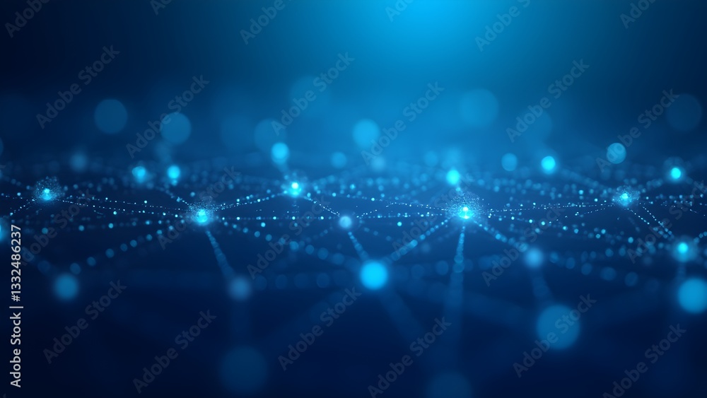 Poster digital connection: futuristic blue network of interconnected nodes forming a global communication s