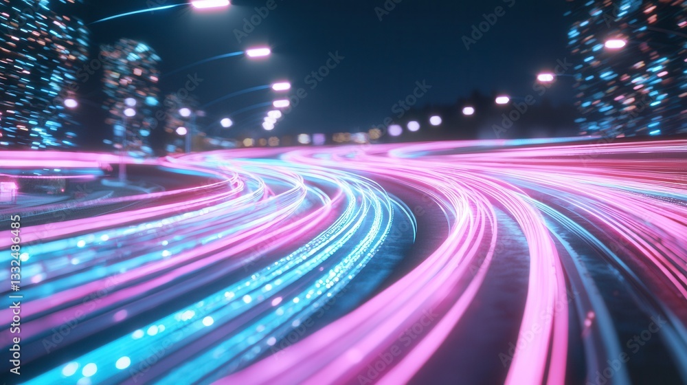 Poster vibrant glowing neon blue and pink wave lines that create a sense of high speed movement and futuris