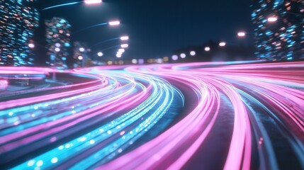 Vibrant glowing neon blue and pink wave lines that create a sense of high speed movement and futuristic technology in an abstract dynamic urban environment