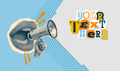 Pop art modern dotted collage with screaming mouth and bullhorn. Halftone torn out newspaper elements. Advertising banner with megaphone and copy space. Announcement banner of news, sales. Vector